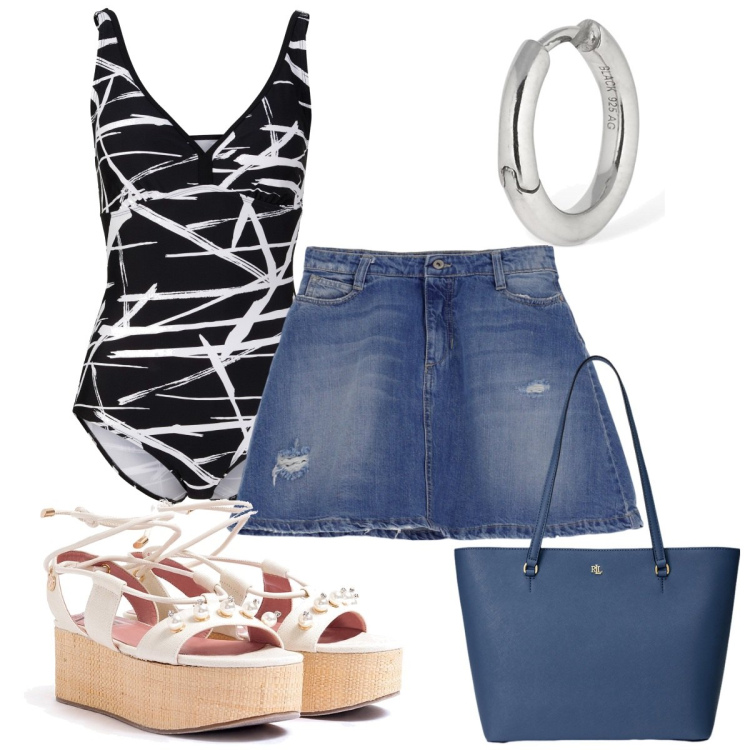 Outfit donna - Total look #1922850. Stile Trendy per Mare. Abbinamento con costumi interi, sandali col tacco, minigonne, borse tote, orecchini.