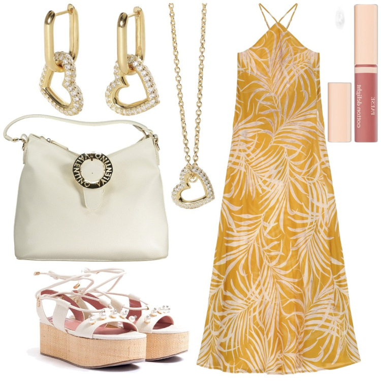 Outfit donna - Accessori scintillanti. Stile Boho per Serata fuori. Abbinamento con gloss, orecchini, collane, sandali col tacco, vestiti lunghi, borse a spalla.