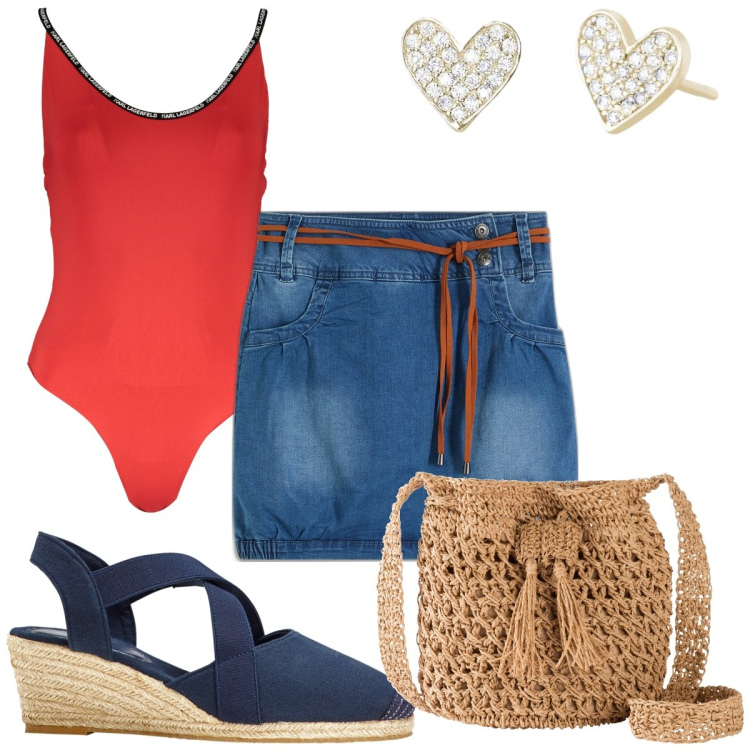 Outfit donna - Total look #1922854. Stile Trendy per Mare. Abbinamento con sandali col tacco, minigonne, borse a tracolla, orecchini, costumi interi.
