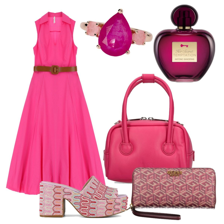Outfit donna - Total look fucsia. Stile Chic per Tutti i giorni. Abbinamento con profumi, anelli, vestiti lunghi, sabot, portafogli, borse a mano.