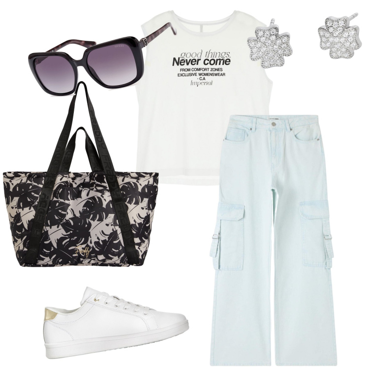 Outfit donna - T-shirt con scritta. Stile Basic per Tutti i giorni. Abbinamento con sneakers, jeans, orecchini, canottiere, shopping bag, occhiali da sole.