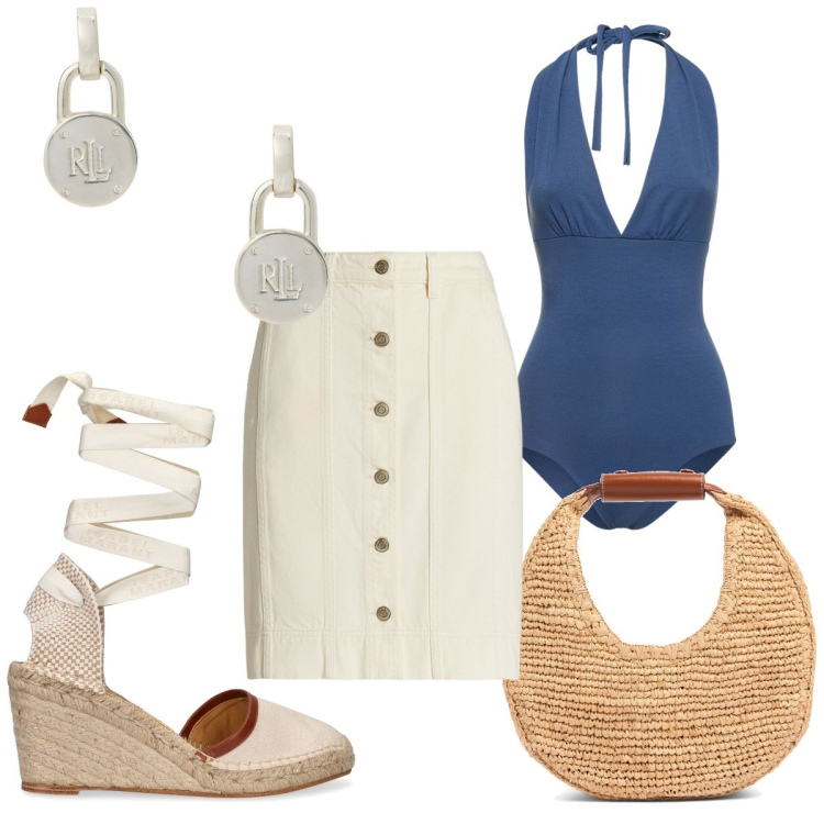 Outfit donna - Total look #1922875. Stile Trendy per Mare. Abbinamento con orecchini, minigonne, espadrillas, shopping bag, costumi interi.