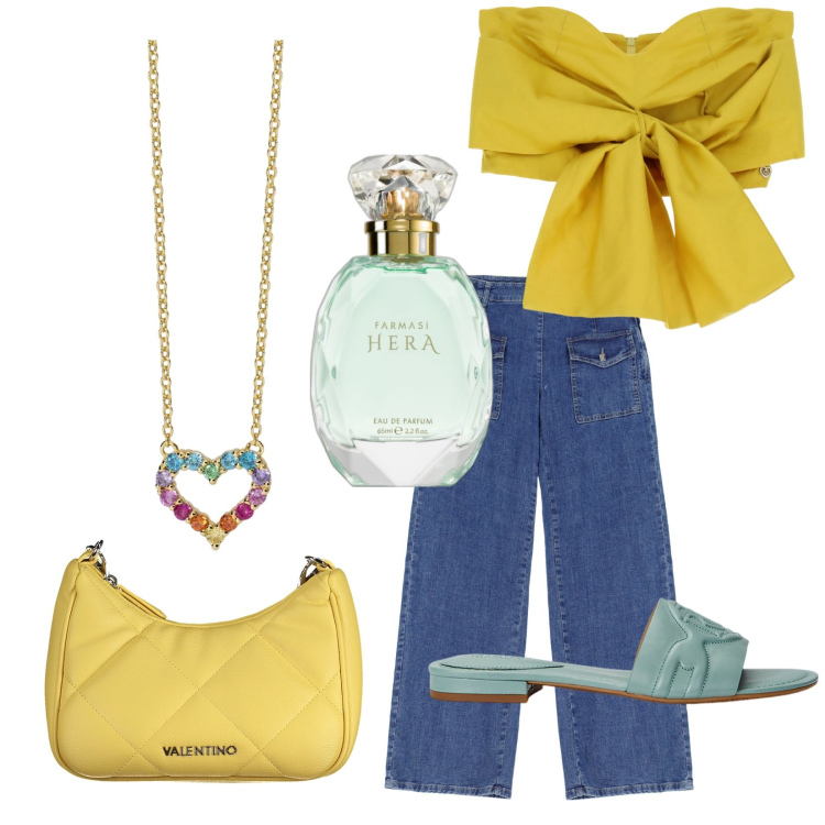 Outfit donna - Total look #1922879. Stile Glamour per Tutti i giorni. Abbinamento con profumi, collane, top, jeans dritti, sandali in pelle, collane.