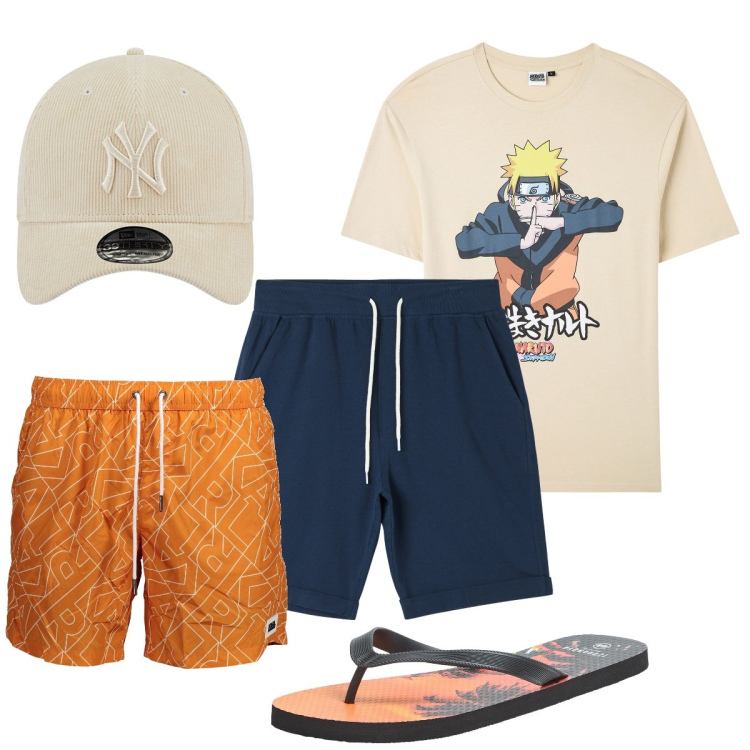Outfit uomo - Total look #1922883. Stile Casual per Mare. Abbinamento con t-shirt, sandali, shorts, cappelli con visiera, costumi.