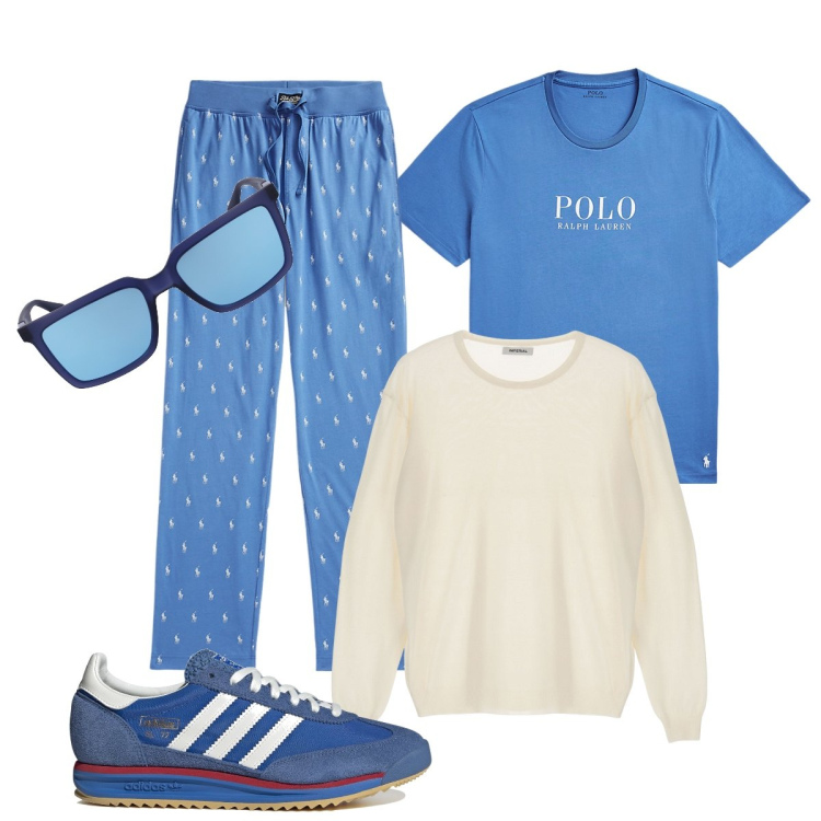 Outfit uomo - Total look #1922885. Stile Trendy per Tutti i giorni. Abbinamento con pullovers, t-shirt, pantaloni, occhiali da sole, sneakers.