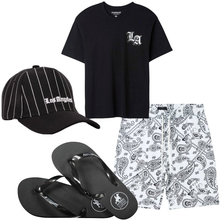 Outfit uomo - Luglio al mare. Stile Casual per Mare. Abbinamento con t-shirt, bermuda, cappelli, sandali.