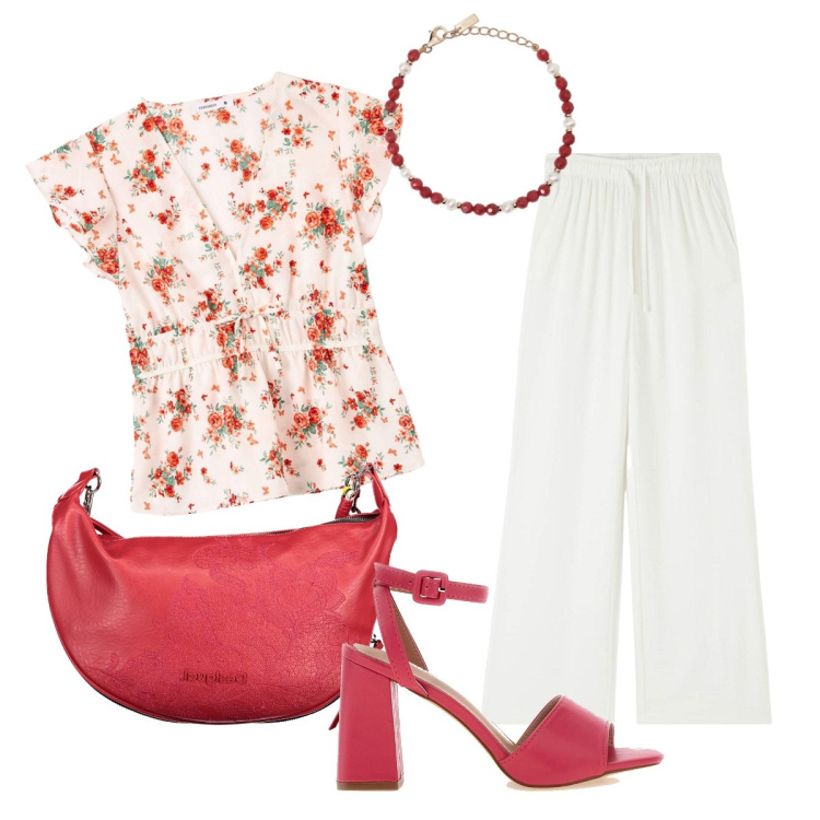 Outfit donna - Curvy Easy chic. Stile Chic per Serata fuori. Abbinamento con pantaloni, bluse, braccialetti, sandali col tacco, borse a spalla.
