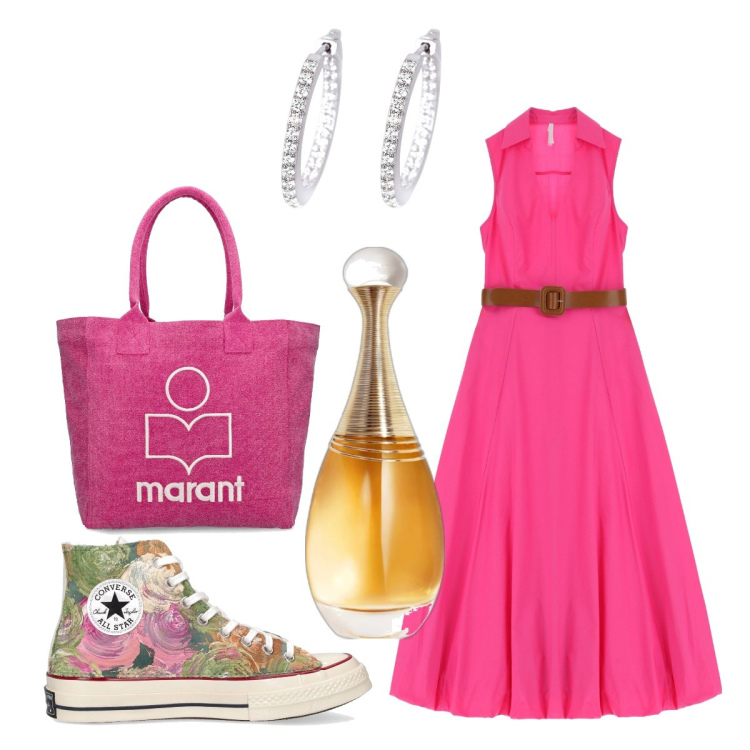 Outfit donna - In città. Stile Casual chic per Tutti i giorni. Abbinamento con profumi, orecchini, vestiti lunghi, sneakers, shopping bag.
