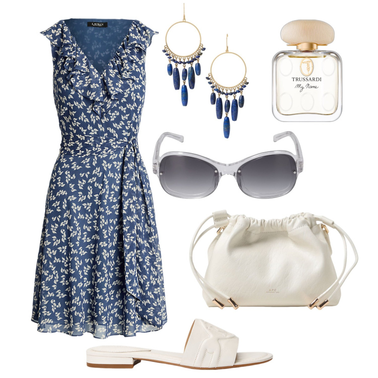Outfit donna - Fiorellini e volant. Stile Bon Ton per Tutti i giorni. Abbinamento con profumi, sandali in pelle, vestiti senza maniche, orecchini, occhiali da sole, borse a tracolla.