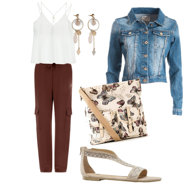 Outfit donna - Correre in città. Stile Casual chic per Tutti i giorni. Abbinamento con borse a tracolla, orecchini, sandali, canottiere, pantaloni cargo, blazer.