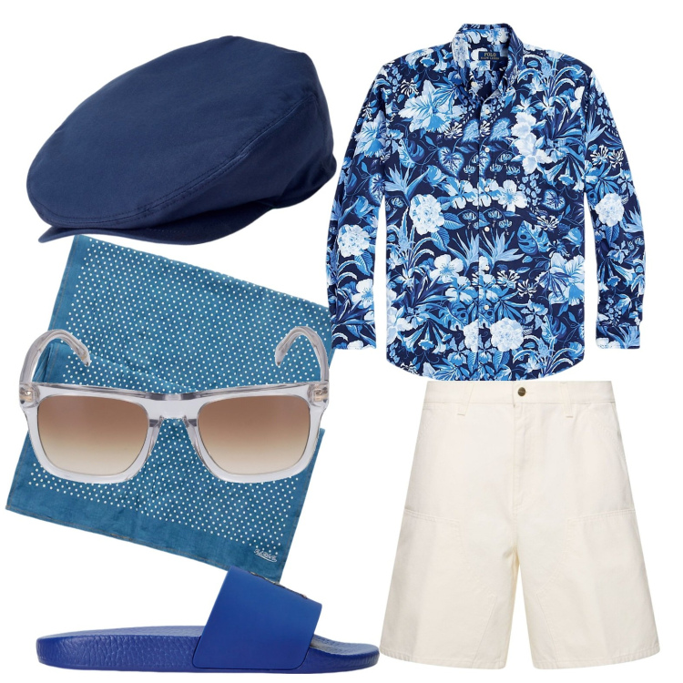 Outfit uomo - Vacanza spensierata. Stile Casual per Tutti i giorni. Abbinamento con cappelli, sandali, camicie, sciarpe, occhiali da sole, shorts.