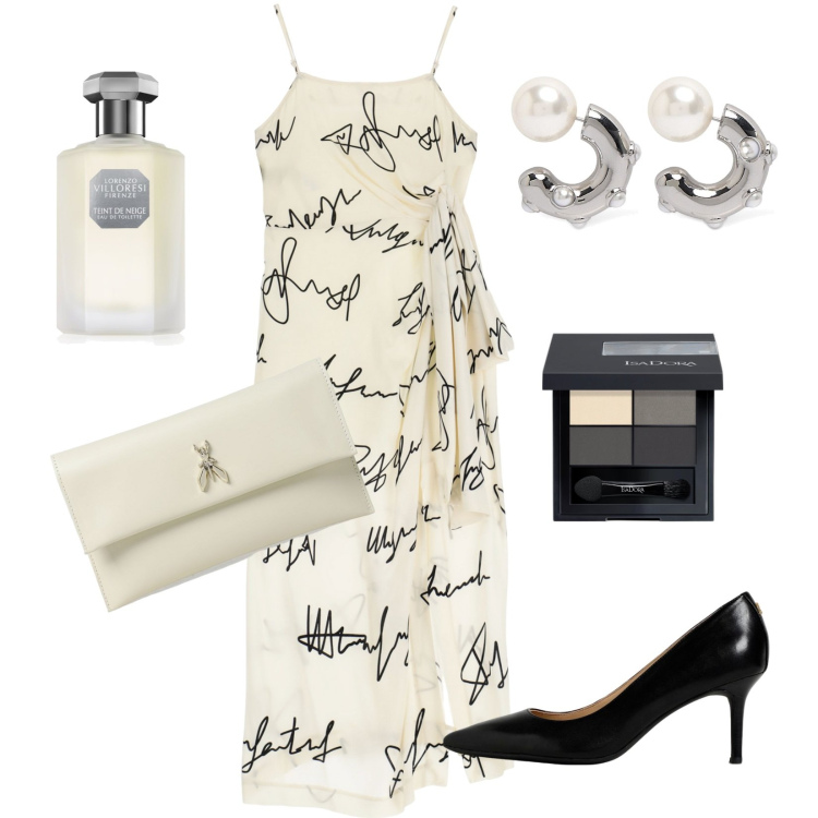 Outfit donna - Anniversario!!!. Stile Casual chic per Serata fuori. Abbinamento con profumi, ombretti, vestiti, orecchini, clutch, décolleté.