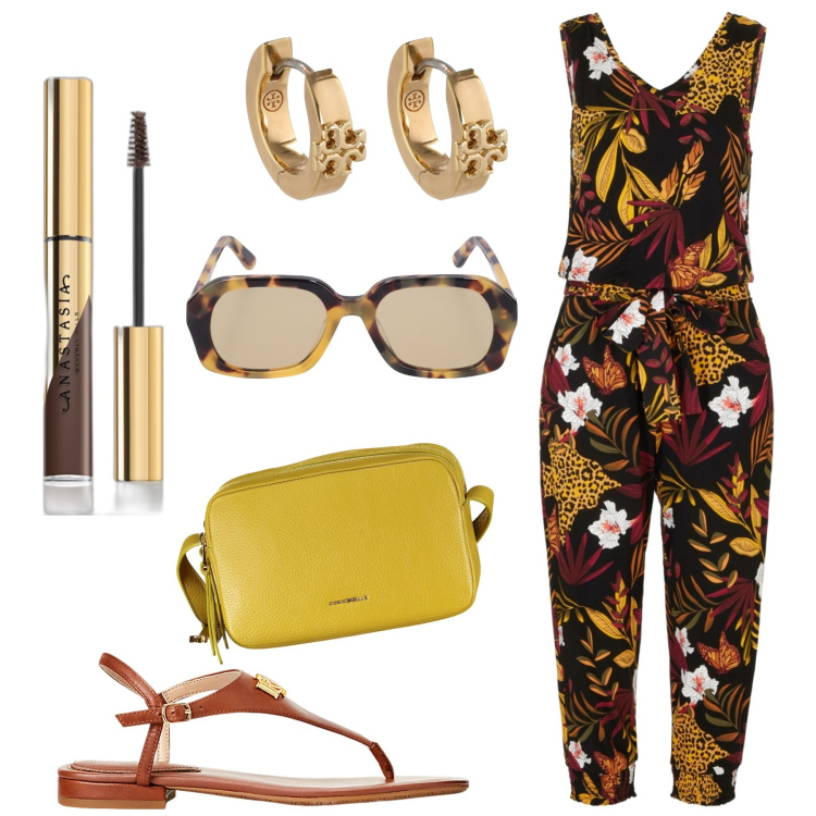 Outfit donna - Jumpsuite al lavoro. Stile Casual chic per Ufficio. Abbinamento con tute, mascara, sandali in pelle, borse a tracolla, occhiali da sole, orecchini.