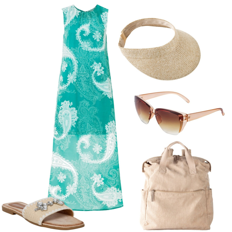 Outfit donna - Vestito lungo fantasia astratta. Stile Casual chic per Tutti i giorni. Abbinamento con zaini, cappelli con visiera, occhiali da sole, vestiti lunghi, ciabatte.