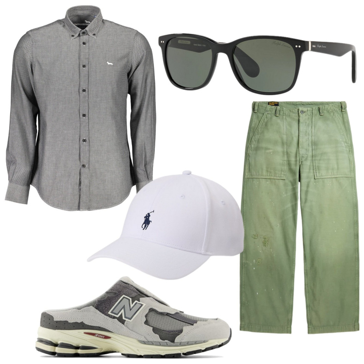 Outfit uomo - Vacanze romane. Stile Casual per Tutti i giorni. Abbinamento con sneakers, cappelli, occhiali da sole, pantaloni, camicie.