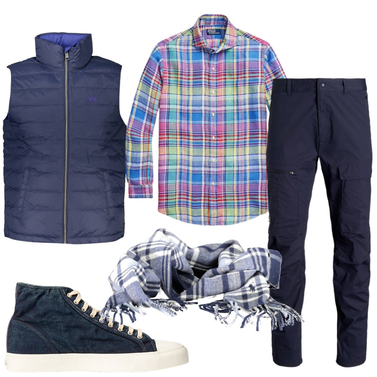 Outfit uomo - In scooter. Stile Casual per Tutti i giorni. Abbinamento con sneakers, pantaloni cargo, camicie, giacche, sciarpe.