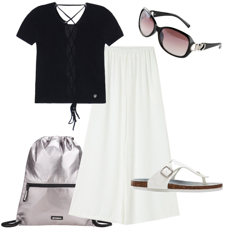 Outfit donna - I pantaloni a palazzo. Stile Casual chic per Tutti i giorni. Abbinamento con infradito, occhiali da sole, pantaloni, maglieria, zaini.