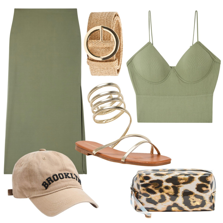 Outfit donna - Summer look #5. Stile Casual per Tutti i giorni. Abbinamento con gonne lunghe, valigie, cinture, cappelli, top, sandali.