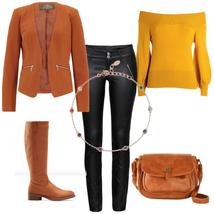 Outfit donna - Al lavoro. Stile Casual per Ufficio. Abbinamento con borse a tracolla, stivali, blazer, pantaloni, braccialetti, maglieria.