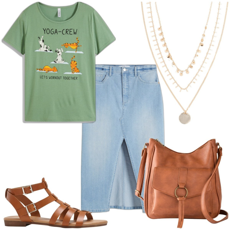 Outfit donna - Total look #1922966. Stile Basic per Tutti i giorni. Abbinamento con t-shirt, borse a tracolla, collane, gonne longuette, sandali.