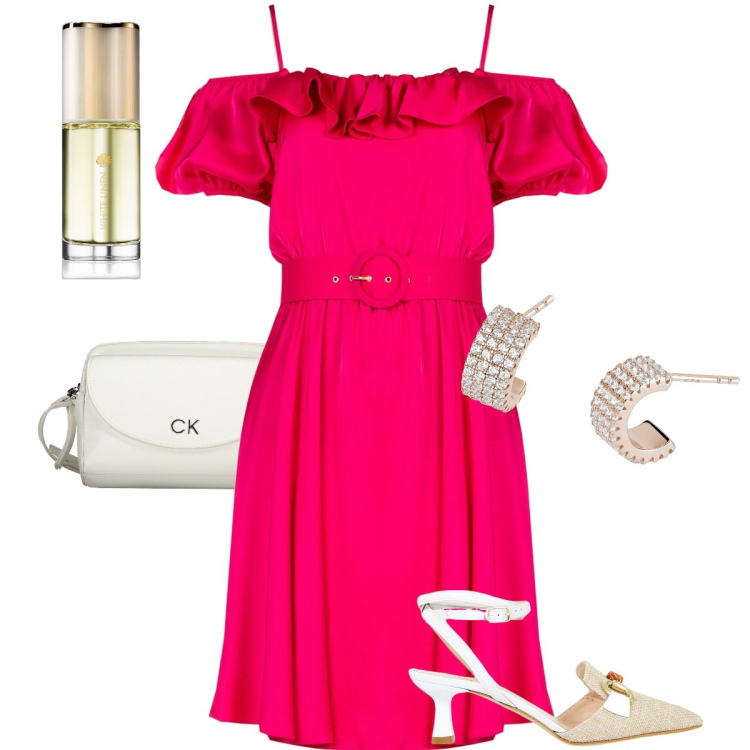 Outfit donna - L’abito con scollatura a ruches. Stile Romantica per Cerimonia. Abbinamento con profumi, orecchini, vestiti midi/longuette, sandali col tacco, borse a tracolla.