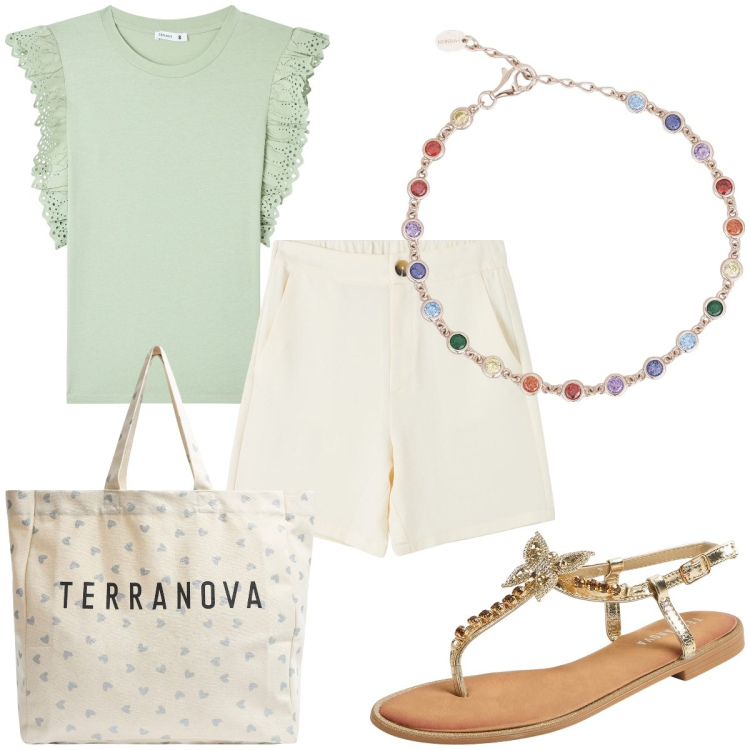 Outfit donna - Total look #1922970. Stile Romantica per Tutti i giorni. Abbinamento con bermuda, t-shirt, sandali gioiello, shopping bag, braccialetti.