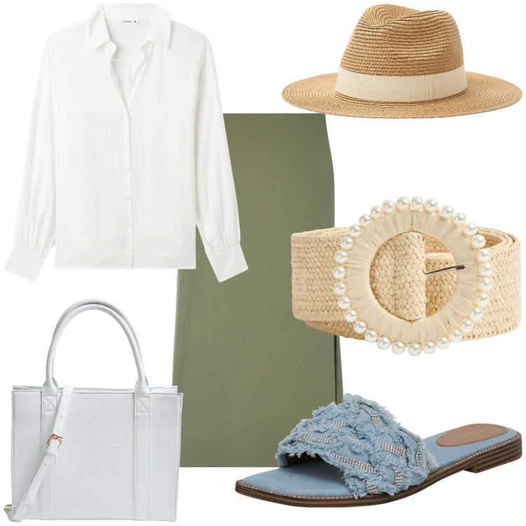 Outfit donna - Total look #1922971. Stile Casual chic per Serata fuori. Abbinamento con gonne lunghe, cappelli, shopping bag, cinture, ciabatte, camicie.