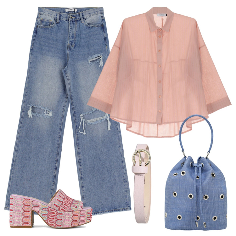 Outfit donna - Summer look #6. Stile Casual per Tutti i giorni. Abbinamento con camicie, jeans dritti, cinture, borse a secchiello, sabot.