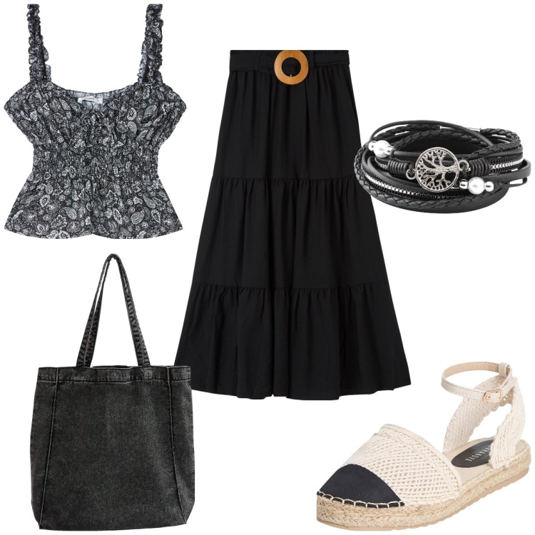 Outfit donna - Total look #1922974. Stile Boho per Tutti i giorni. Abbinamento con braccialetti, shopping bag, top, gonne lunghe, espadrillas.