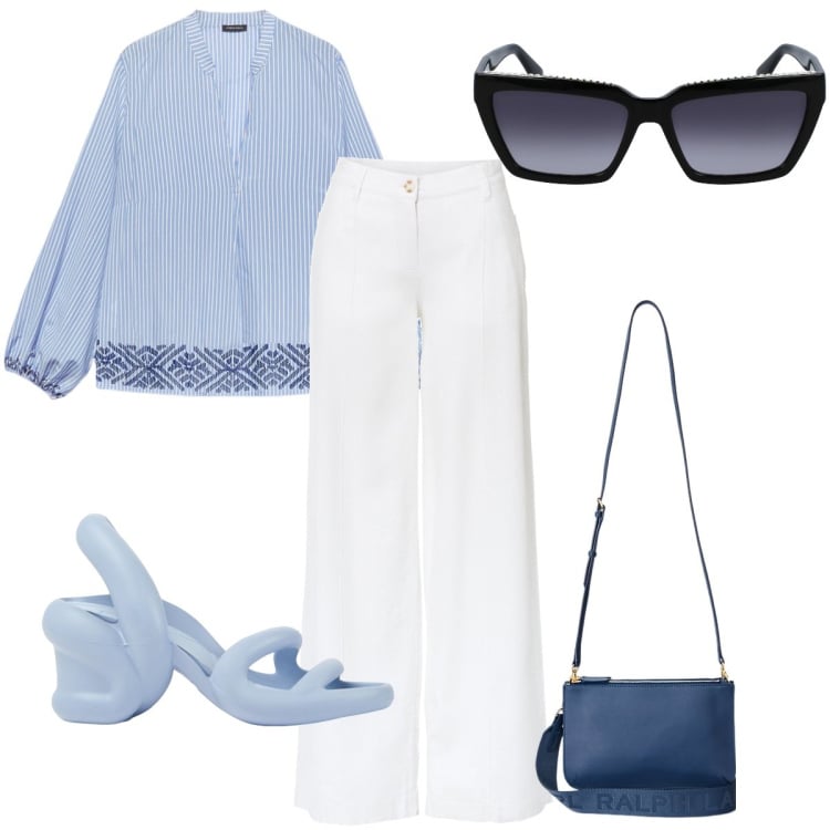 Outfit donna - Righe e ricami. Stile Trendy per Tutti i giorni. Abbinamento con pantaloni a palazzo, borse a tracolla, bluse, sandali col tacco, occhiali da sole.