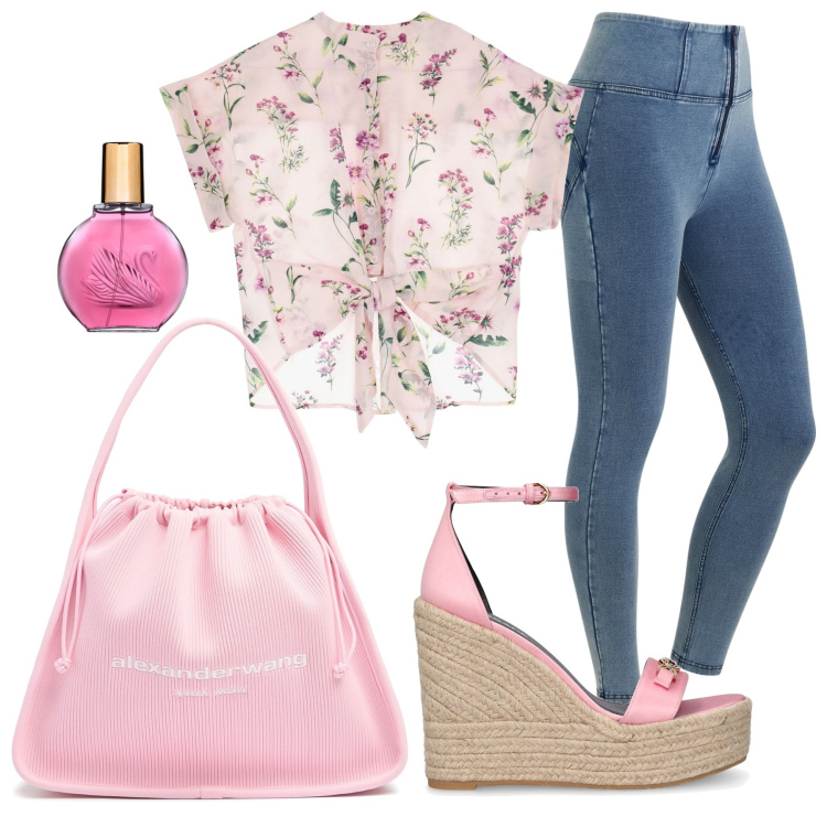 Outfit donna - Mi amo così. Stile Casual chic per Ufficio. Abbinamento con profumi, jeggings, camicie a manica corta, borse a spalla, zeppe.