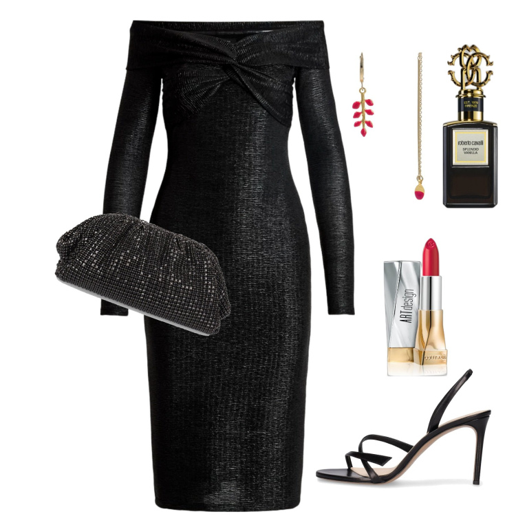Outfit donna - Party!!!. Stile Glamour per Serata fuori. Abbinamento con profumi, rossetti, vestiti a tubino, orecchini, pochette, sandali in pelle.
