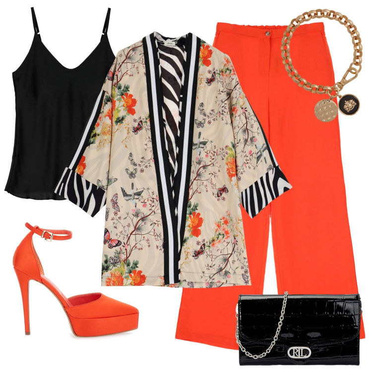 Outfit donna - Summer look #8. Stile Casual chic per Serata fuori. Abbinamento con trench, pantaloni, canottiere, braccialetti con ciondoli, borse a tracolla, décolleté.