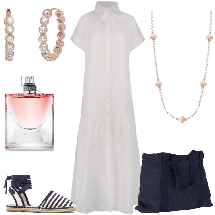 Outfit donna - Lino fresco. Stile Chic per Tutti i giorni. Abbinamento con espadrillas, profumi, collane, orecchini, borse tote, vestiti lunghi.