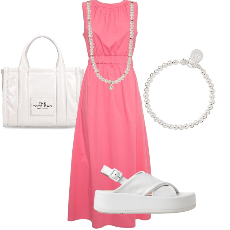 Outfit donna - Perle trendy. Stile Trendy per Tutti i giorni. Abbinamento con collane, braccialetti, vestiti lunghi, sandali in pelle, shopping bag.