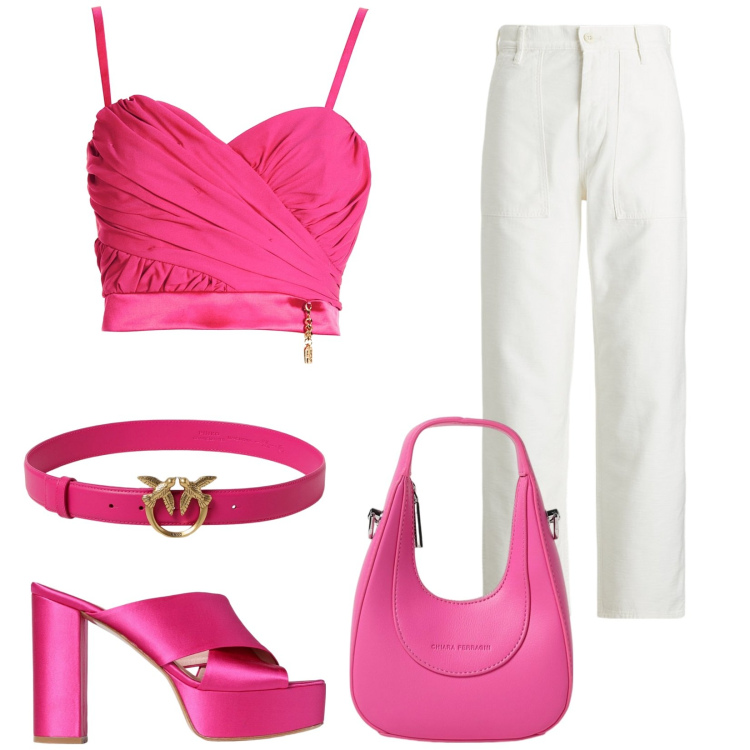 Outfit donna - Giglio sales. Stile Romantica per Serata fuori. Abbinamento con top, pantaloni, sandali in pelle, cinture, borse a mano.
