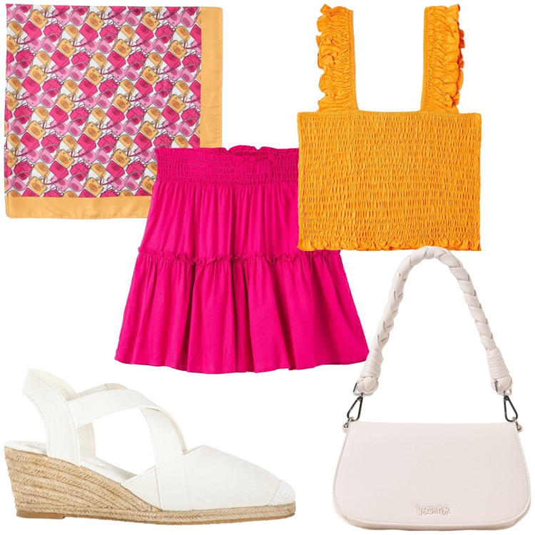 Outfit donna - Total look #1923008. Stile Romantica per Tutti i giorni. Abbinamento con sandali, top, gonne, foulard, borse a spalla.