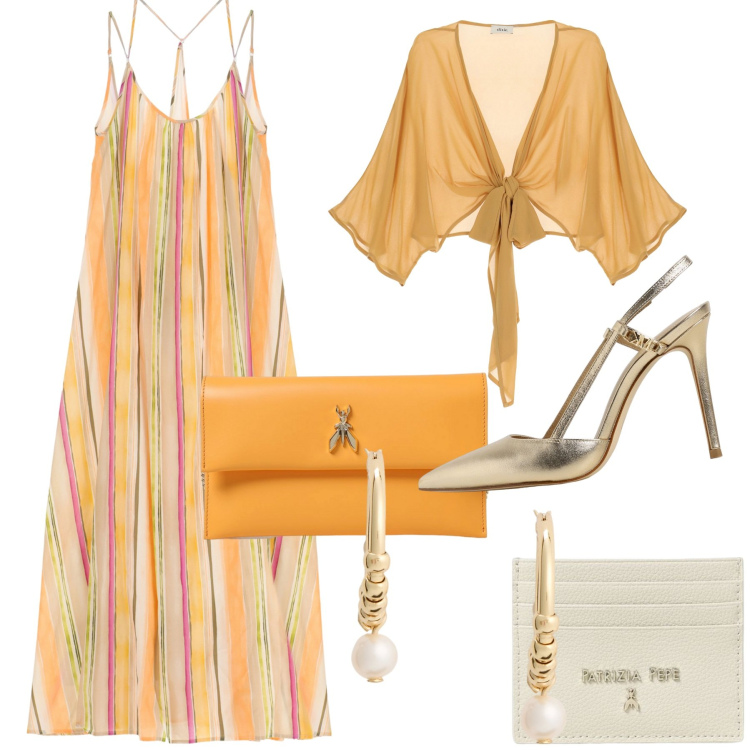 Outfit donna - Eventi estivi. Stile Glamour per Cerimonia. Abbinamento con vestiti lunghi, cardigans, orecchini, portafogli, décolleté, clutch.