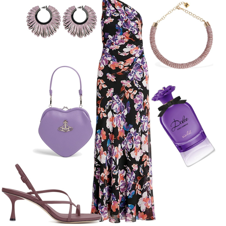 Outfit donna - Stampa floreale e sfumature viola. Stile Chic per Cerimonia. Abbinamento con profumi, vestiti asimmetrici, orecchini, collane, sandali in pelle, borse a mano.
