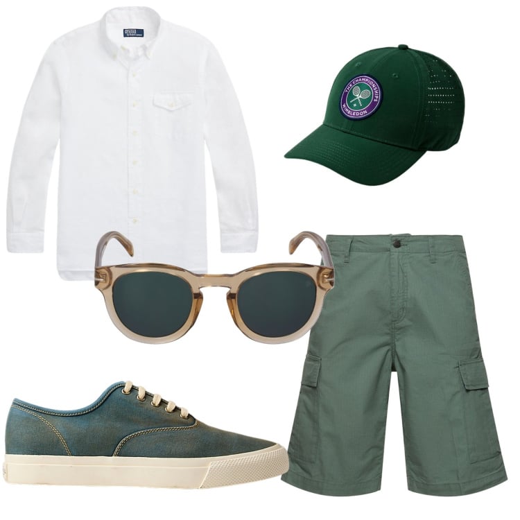Outfit uomo - Bermuda oliva. Stile Casual per Tutti i giorni. Abbinamento con cappelli, sneakers, camicie, occhiali da sole, shorts.