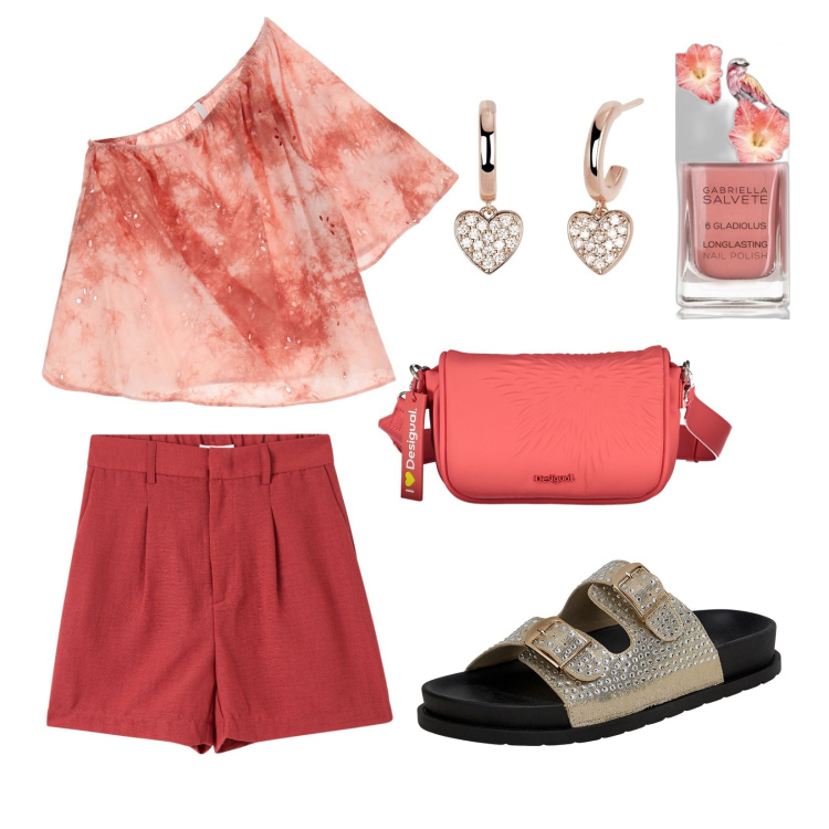 Outfit donna - Top monospalla!. Stile Casual per Mare. Abbinamento con smalti, bermuda, ciabatte, orecchini, top, borse a spalla.