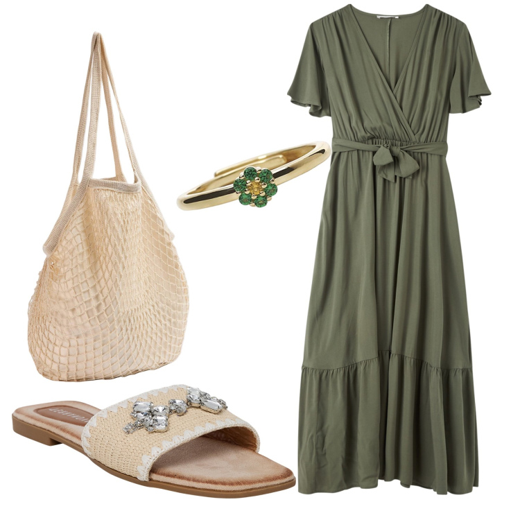 Outfit donna - Total look #1923068. Stile Casual chic per Tutti i giorni. Abbinamento con ciabatte, vestiti lunghi, borse a spalla, anelli.