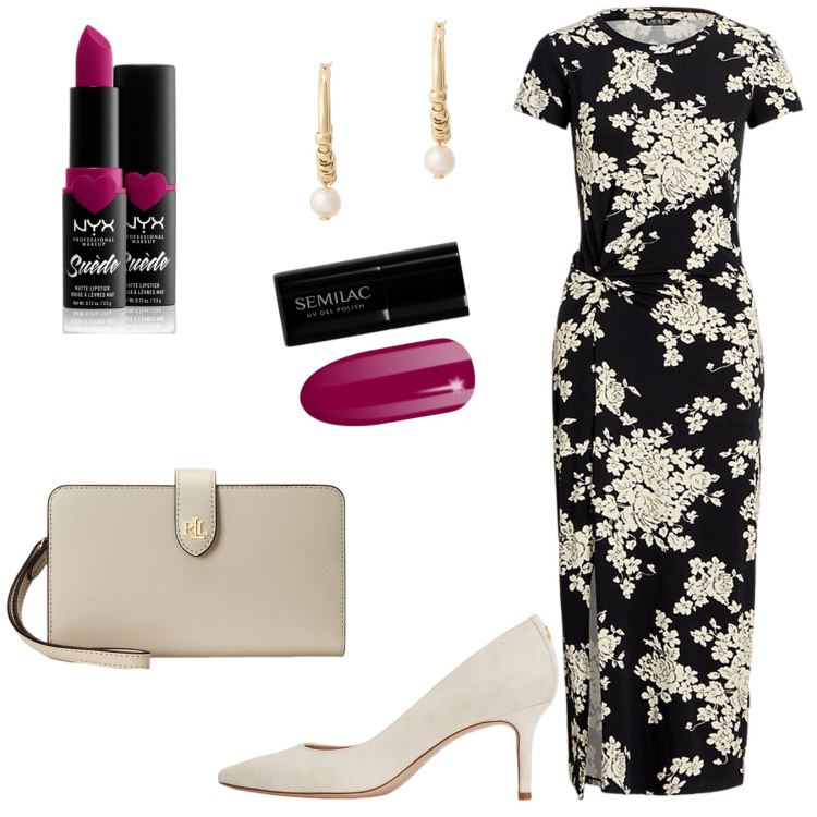 Outfit donna - Saldi Ralph Lauren: l\'abito minimal. Stile Minimal per Serata fuori. Abbinamento con rossetti, smalti, décolleté, pochette, vestiti, orecchini.