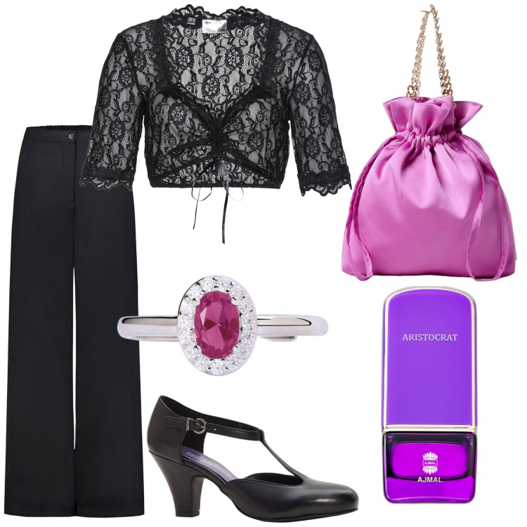 Outfit donna - Boho. Stile Boho per Serata fuori. Abbinamento con camicie, décolleté, profumi, anelli, pantaloni, borse a mano.