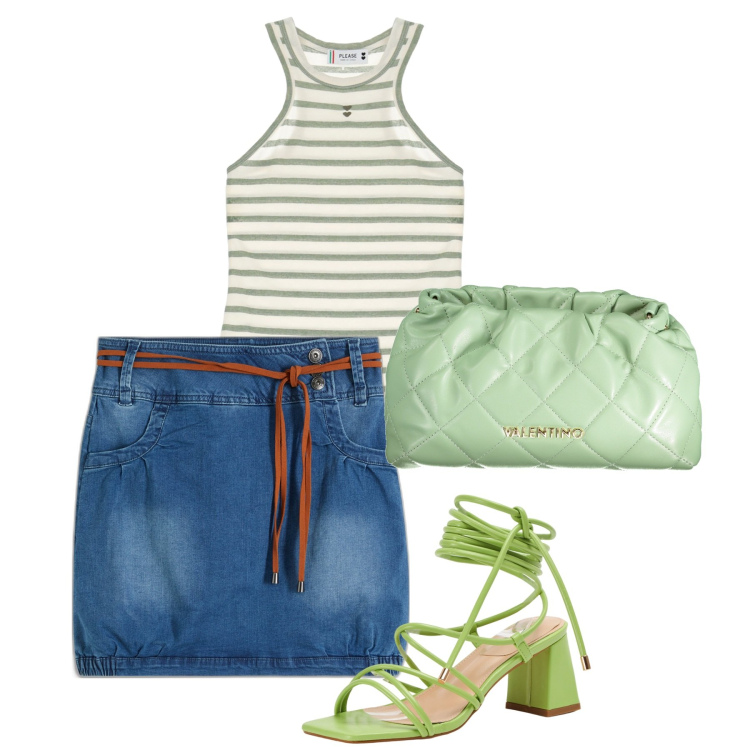 Outfit donna - Righe e lacci. Stile Bon Ton per Tutti i giorni. Abbinamento con minigonne, sandali alla schiava, top, borse a spalla.