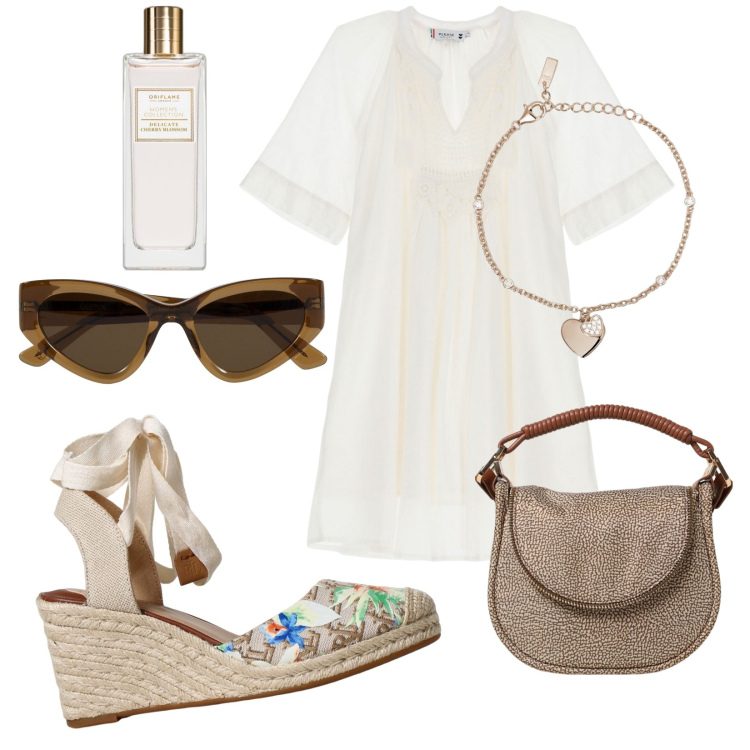Outfit donna - Abito e zeppe. Stile Trendy per Tutti i giorni. Abbinamento con profumi, braccialetti con ciondoli, vestiti, occhiali da sole, zeppe, borse a spalla.