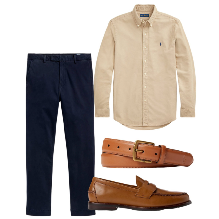 Outfit uomo - Cuoio. Stile Casual per Tutti i giorni. Abbinamento con cinture, scarpe stringate, camicie, pantaloni.