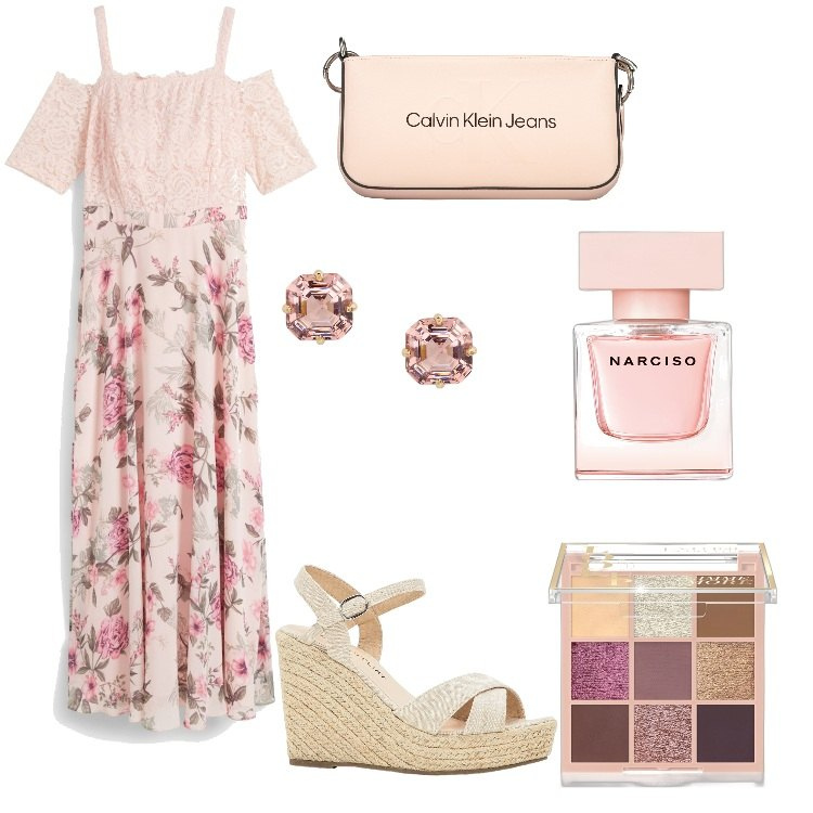 Outfit donna - Romantico. Stile Romantica per Serata fuori. Abbinamento con sandali, vestiti, ombretti, profumi, orecchini, borse a spalla.