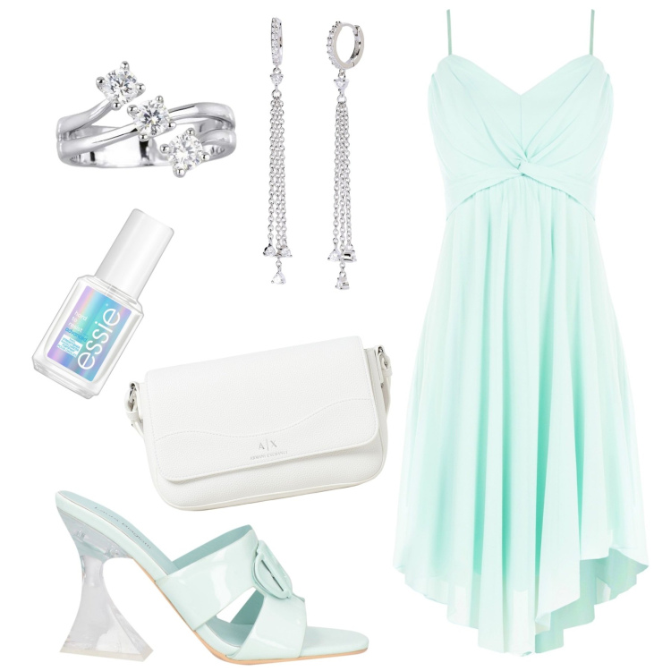 Outfit donna - Al matrimonio di Elisa. Stile Glamour per Cerimonia. Abbinamento con smalti, sandali col tacco, orecchini, anelli, vestiti asimmetrici, borse a tracolla.