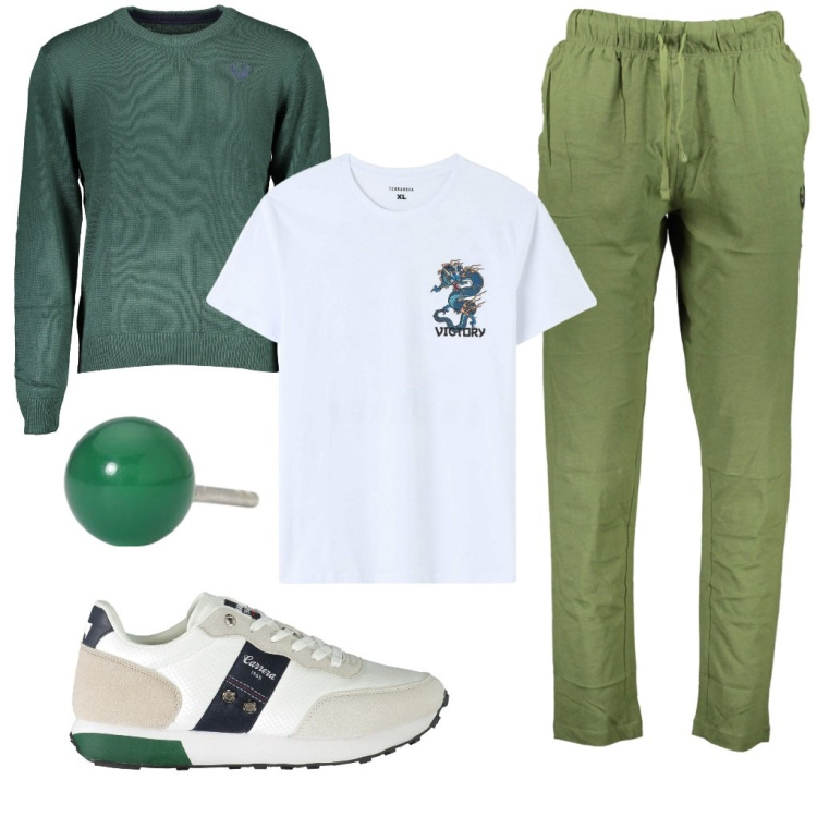 Outfit uomo - Camillo: punto e a capo. Stile Urban per Tutti i giorni. Abbinamento con t-shirt, orecchini, pantaloni, sneakers, maglieria.
